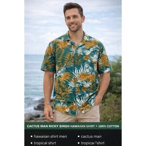 Cactus Man Ricky Singh Hawaiian Shirt XL 100% Cotton Tropical Leaf Print Camp
